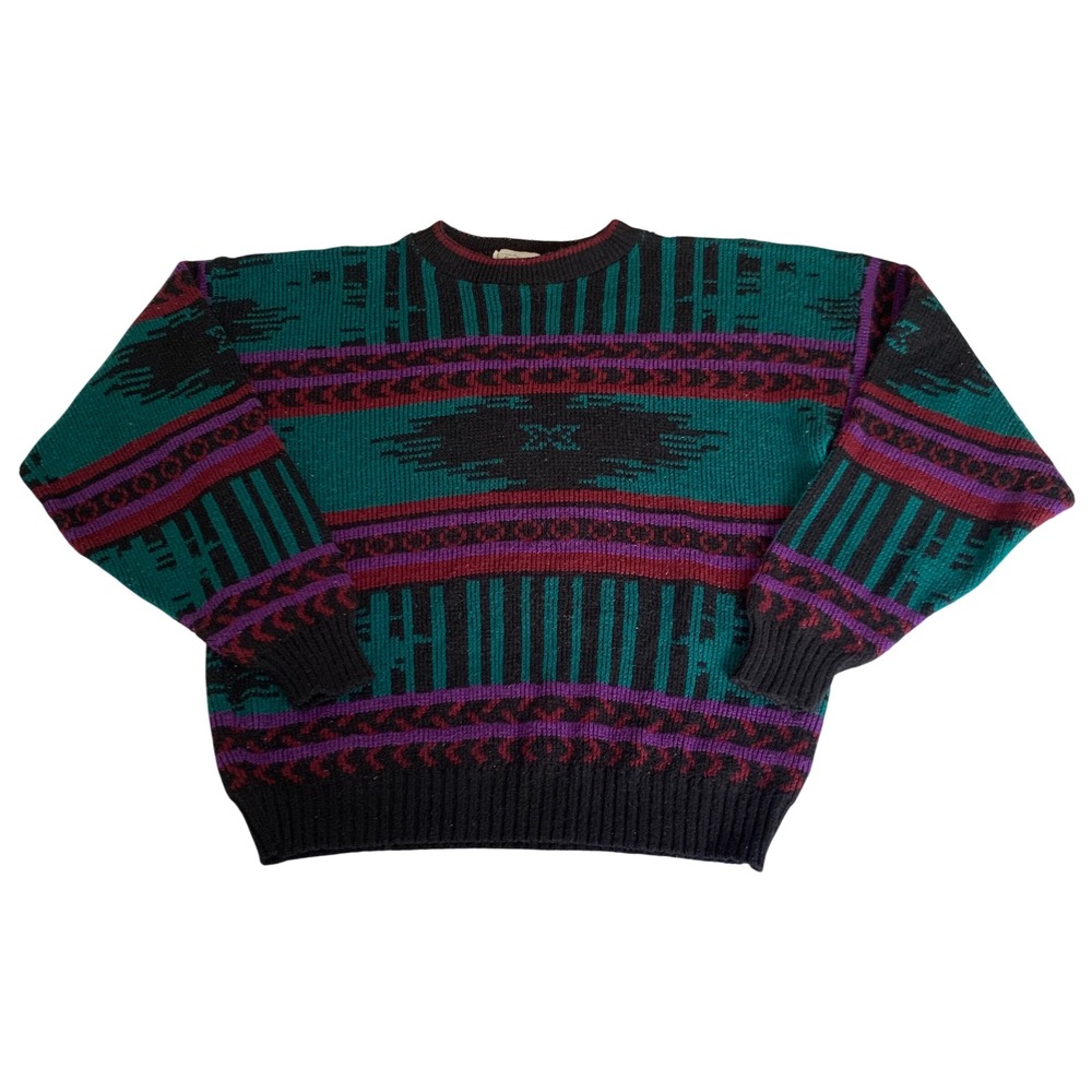 Vintage 80s Sweater Men M Black Teal Geometric Southwestern Retro Cosby Dad USA